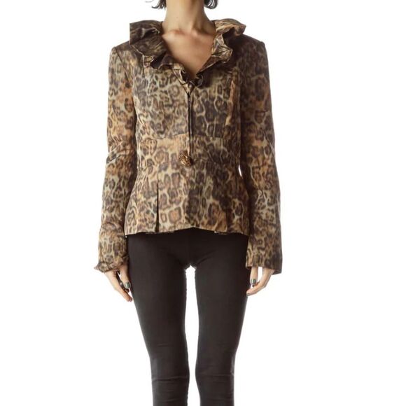 ZELDA Brown Leopard Print Ruffle Collar Jacket 4 - Picture 2 of 10